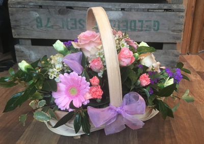 A litte something - Beautiful Flowers in Shades of Pink & Purple, arrangement in a Trug shaped Basket A litte something - Beautiful Flowers in Shades of Pink & Purple, arrangement in a Trug shaped Basket