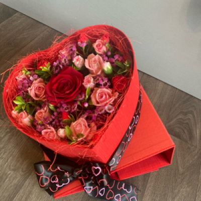 Box of love - This beautiful presented red heart box arrives closed and then opens up to reveal a lovely arrangement of fresh flowers. 
 Box of love - This beautiful presented red heart box arrives closed and then opens up to reveal a lovely arrangement of fresh flowers.