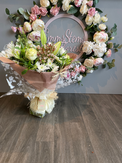 Eyelyn - Aqua Packed Bouquet including White and Soft Cream Flowers Eyelyn - Aqua Packed Bouquet including White and Soft Cream Flowers