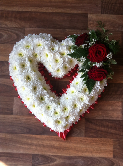 Open Heart - Lovely White Based Open Heart Tribute with Red Rose Spray of Flowers Open Heart - Lovely White Based Open Heart Tribute with Red Rose Spray of Flowers