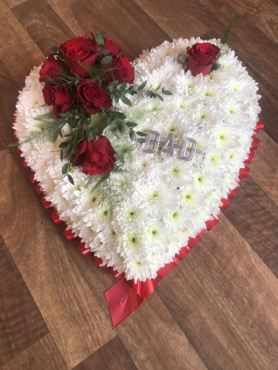 Based Heart - Based White Heart with Red Rose Spray. Finished with "DAD" Letters. Sizes start from 12", 15" & 18" Based Heart - Based White Heart with Red Rose Spray. Finished with "DAD" Letters. Sizes start from 12", 15" & 18"