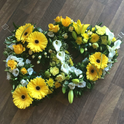 Double Heart - Textured Open Heart in Yellow and White Flowers. Can be made in your choice of Colours. Please call the shop to place your order if you require different colours. Double Heart - Textured Open Heart in Yellow and White Flowers. Can be made in your choice of Colours. Please call the shop to place your order if you require different colours.