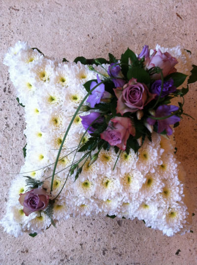 Cushion - Based in White with a Memory Lane Roses, Lilac Fressias Spray of Flowers Cushion - Based in White with a Memory Lane Roses, Lilac Fressias Spray of Flowers