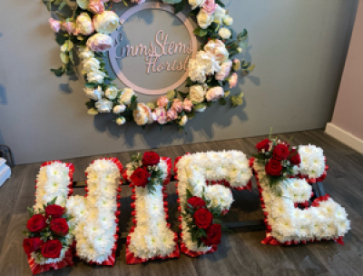 WIFE - WIFE Letters - Red Ribbon edge and Red Flower sprays WIFE - WIFE Letters - Red Ribbon edge and Red Flower sprays