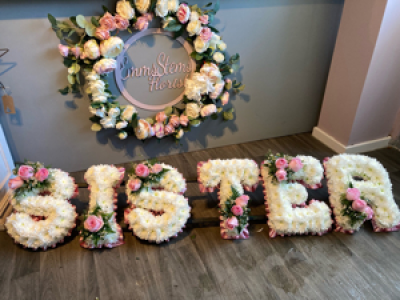 SISTER - SISTER- Pink Ribbon edge with Pink flower sprays SISTER - SISTER- Pink Ribbon edge with Pink flower sprays