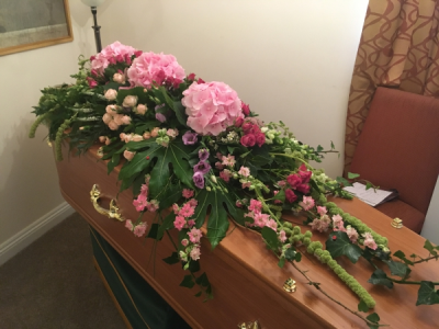 Pink Coffin Spray - Bespoke Full Coffin Spray made on the Coffin of your Loved One. Whatever Colours, Flowers, Shape you have in mind, we will make it for you. Pink Coffin Spray - Bespoke Full Coffin Spray made on the Coffin of your Loved One. Whatever Colours, Flowers, Shape you have in mind, we will make it for you.