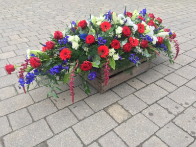 Red, White and Blue Coffin Spray - Full length Coffin Spray in Red, White and Blue Flowers Red, White and Blue Coffin Spray - Full length Coffin Spray in Red, White and Blue Flowers