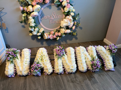 NANNY Letters - NANNY- Lilac Ribbon and Lilac flower sprays NANNY Letters - NANNY- Lilac Ribbon and Lilac flower sprays