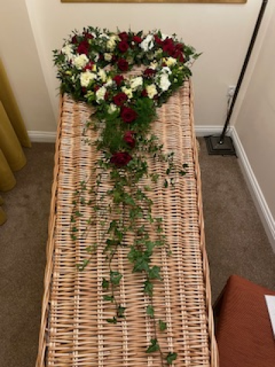 Open trailing Casket Heart - Open Heart including Red & White Roses with trailing foliage for a Casket Open trailing Casket Heart - Open Heart including Red & White Roses with trailing foliage for a Casket