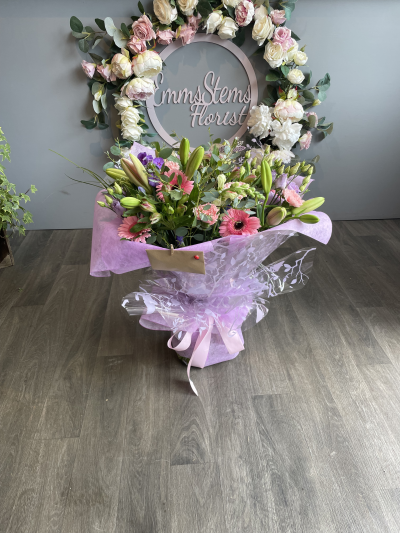 Blushing Meadow - Seasonal bouquet including lilies. Blushing Meadow - Seasonal bouquet including lilies.