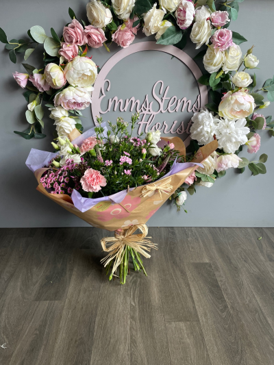 Morning Glory - Hand Tied Bouquet in soft pink & white flowers. Wrapped in paper. Morning Glory - Hand Tied Bouquet in soft pink & white flowers. Wrapped in paper.