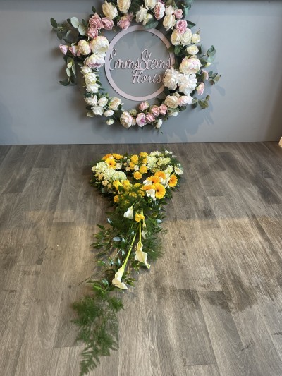Trailing Love Heart - Stunning Trailing Bespoke Open Heart for Coffin. In yellow & white flowers Trailing Love Heart - Stunning Trailing Bespoke Open Heart for Coffin. In yellow & white flowers