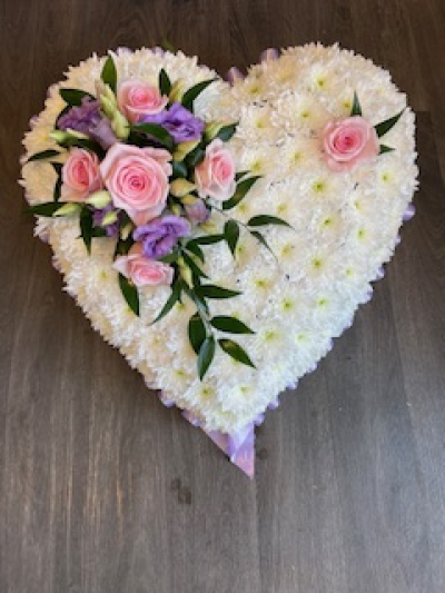 Based Heart with lilac & pink detail - Based White Heart with Lilac & Pink Rose Spray.  Sizes start from 12", 15" & 18" Based Heart with lilac & pink detail - Based White Heart with Lilac & Pink Rose Spray.  Sizes start from 12", 15" & 18"