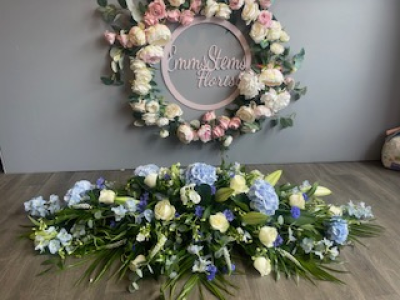 Blue and White Coffin Spray - Beautiful Coffin Spray in White and Blue flowers including Hydrangeas. Standard 4ft, Medium 5ft, Large 6ft Blue and White Coffin Spray - Beautiful Coffin Spray in White and Blue flowers including Hydrangeas. Standard 4ft, Medium 5ft, Large 6ft